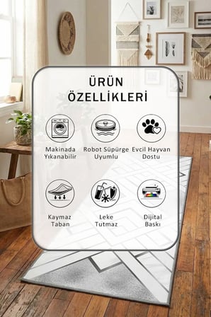 Vava Gri Dijital Baskılı Kaymaz Yıkanabilir Yolluk - Leke Tutmaz Gri