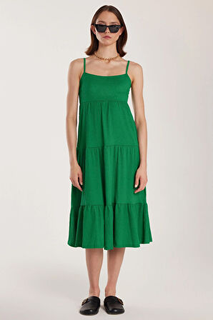 Kadın Slim Fit Dar Kesim İnce Askılı U Yaka Midi Yeşil Elbise