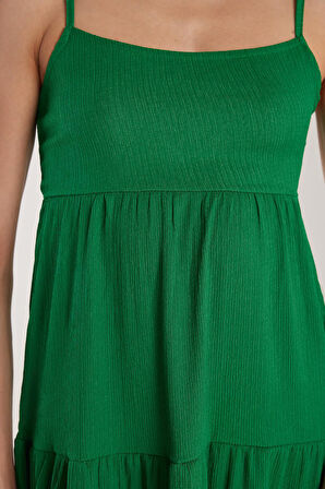 Kadın Slim Fit Dar Kesim İnce Askılı U Yaka Midi Yeşil Elbise