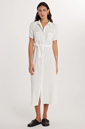 Kadın Regular Fit Uzun Kollu Klasik Yaka Düğmeli Beyaz Elbise