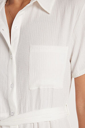 Kadın Regular Fit Uzun Kollu Klasik Yaka Düğmeli Beyaz Elbise