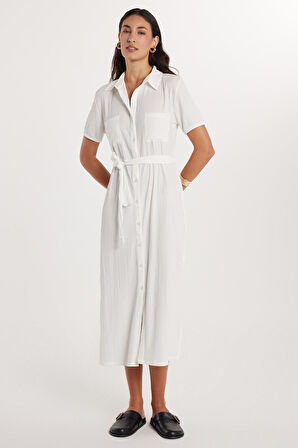 Kadın Regular Fit Uzun Kollu Klasik Yaka Düğmeli Beyaz Elbise