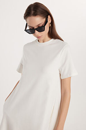 Kadın Regular Fit Kısa Kollu Yan Cepli Bisiklet Yaka Uzun Ekru Elbise