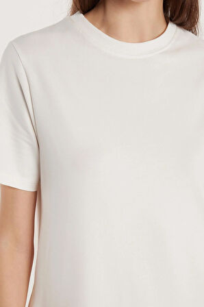 Kadın Regular Fit Kısa Kollu Yan Cepli Bisiklet Yaka Uzun Ekru Elbise