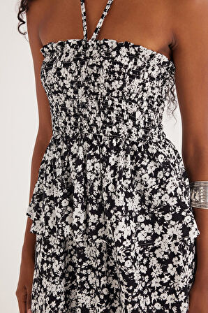 Kadın Standart Fit Bağlama Detaylı Beli Büzgülü Desenli Viskon Elbise