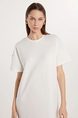 Kadın Regular Fit Kısa Kollu Esnek Kumaş Cepli Bisiklet Yaka Ekru Elbise 