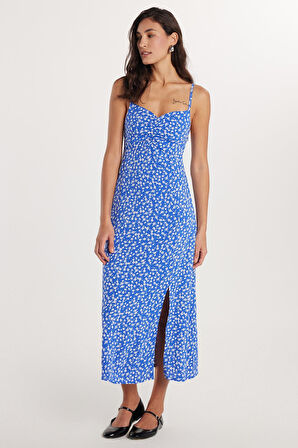 Kadın Slim Fit Dar Kesim İnce Askılı V Yaka Baskılı Viskon Mavi Elbise