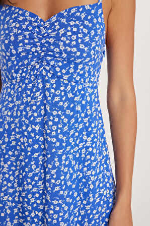 Kadın Slim Fit Dar Kesim İnce Askılı V Yaka Baskılı Viskon Mavi Elbise