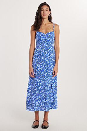 Kadın Slim Fit Dar Kesim İnce Askılı V Yaka Baskılı Viskon Mavi Elbise