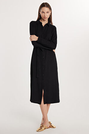 Kadın Regular Fit Uzun Kollu Bağlamalı Klasik Yaka Cepli Uzun Siyah Elbise