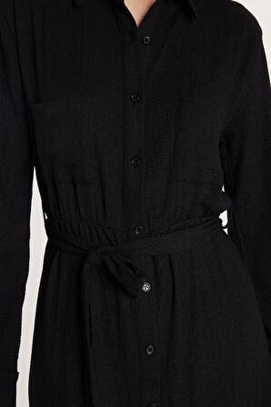 Kadın Regular Fit Uzun Kollu Bağlamalı Klasik Yaka Cepli Uzun Siyah Elbise