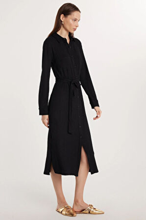 Kadın Regular Fit Uzun Kollu Bağlamalı Klasik Yaka Cepli Uzun Siyah Elbise