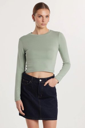 Kadın Slim Fit Pamuklu Uzun Kol Düz Yeşil Bisiklet Yaka Bluz