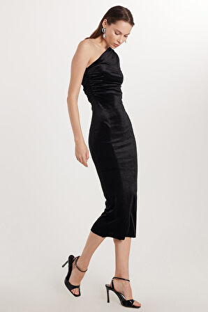 Slim Fit Dar Kesim Tek Omuz Detaylı Midi Boy Siyah Elbise