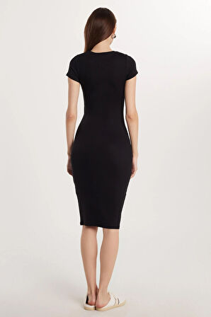 Kadın Standart Fit Bisiklet Yaka Kısa Kollu Modal Kumaş Midi Boy Siyah Elbise