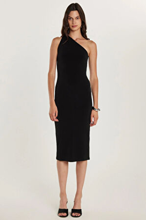 Kadın Slim Fit Dar Kesim Tek Omuz Askılı Siyah Elbise