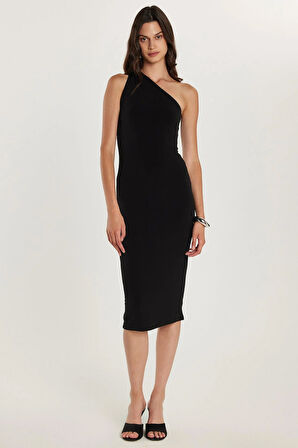 Kadın Slim Fit Dar Kesim Tek Omuz Askılı Siyah Elbise