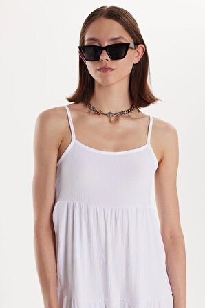 Kadın Slim Fit Dar Kesim İnce Askılı U Yaka Midi Beyaz Elbise