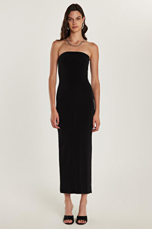 Kadın Slim Fit Dar Kesim Straplez Arka Yırtmaç Detaylı Siyah Midi Elbise