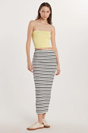 Kadın Slim Fit Viskon Çizgili Normal Bel Etek