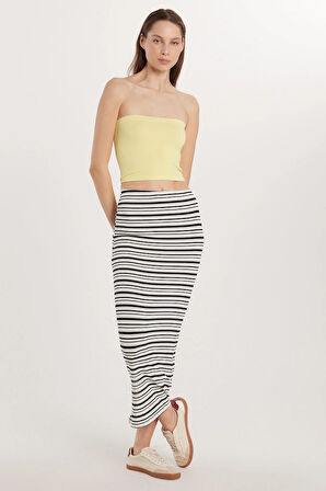 Kadın Slim Fit Viskon Çizgili Normal Bel Etek