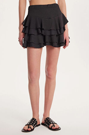 Kadın Relax Fit Rahat Kesim Beli Lastikli Piliseli Antrasit Etek