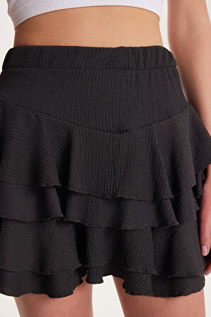 Kadın Relax Fit Rahat Kesim Beli Lastikli Piliseli Antrasit Etek