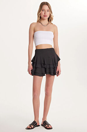 Kadın Relax Fit Rahat Kesim Beli Lastikli Piliseli Antrasit Etek