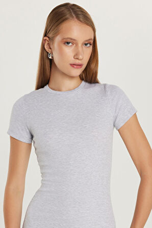 Kadın Standart Fit Bisiklet Yaka Kısa Kollu Modal Kumaş Midi Boy Gri Elbise