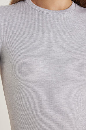 Kadın Standart Fit Bisiklet Yaka Kısa Kollu Modal Kumaş Midi Boy Gri Elbise