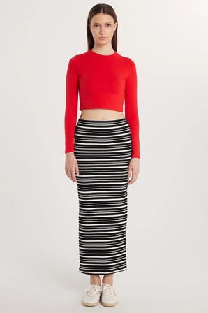 Kadın Slim Fit Viskon Çizgili Normal Bel Etek