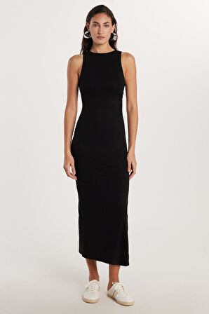 Kadın Modal Kumaş Slim Fit Dar Kesim Sıfır Kol Bisiklet Yaka Siyah Elbise