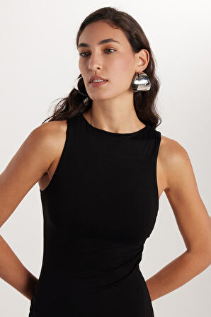 Kadın Modal Kumaş Slim Fit Dar Kesim Sıfır Kol Bisiklet Yaka Siyah Elbise