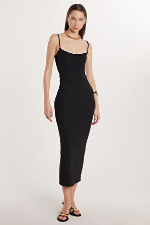 Kadın Slim Fit Dar Kesim İnce Askılı Kare Yaka Siyah Elbise