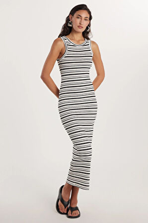 Kadın Slim Fit Dar Kesim Sıfır Kol Bisiklet Yaka Çizgili Elbise