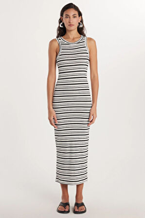 Kadın Slim Fit Dar Kesim Sıfır Kol Bisiklet Yaka Çizgili Elbise