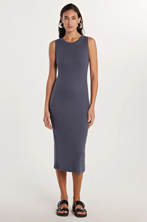 Kadın Slim Fit Dar Kesim Modal Bisiklet Yaka Sıfır Kol Maxi Antrasit Elbise