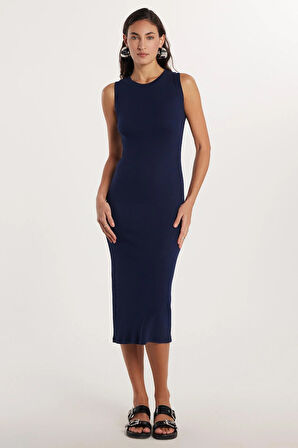Kadın Slim Fit Dar Kesim Modal Bisiklet Yaka Sıfır Kol Maxi Lacivert Elbise