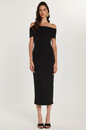 Kadın Slim Fit Dar Kesim Straplez Siyah Midi Boy Elbise