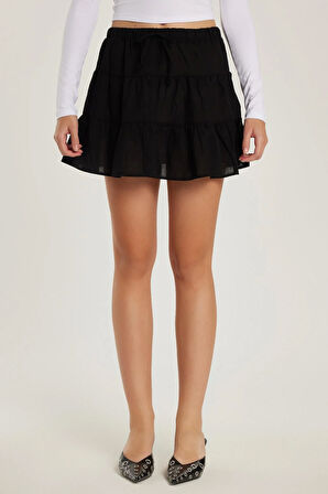 Kadın Relax Fit Bağlama Detaylı Beli Lastikli Siyah Etek