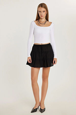 Kadın Relax Fit Bağlama Detaylı Beli Lastikli Siyah Etek