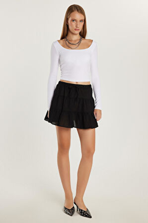 Kadın Relax Fit Bağlama Detaylı Beli Lastikli Siyah Etek