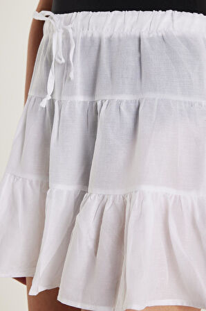 Kadın Relax Fit Bağlama Detaylı Beli Lastikli Beyaz Etek