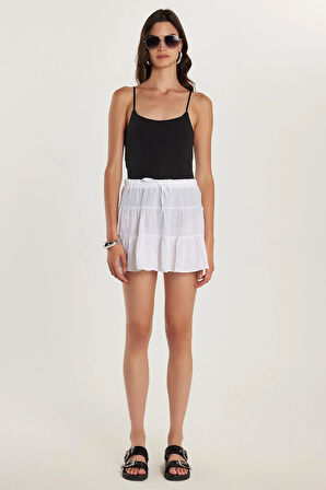 Kadın Relax Fit Bağlama Detaylı Beli Lastikli Beyaz Etek