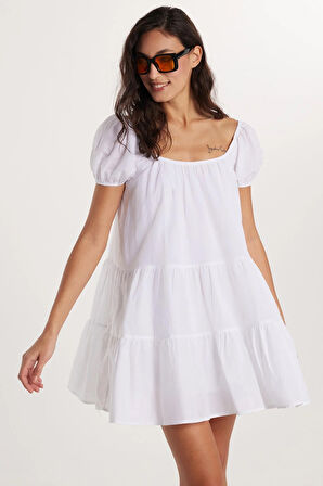 Kadın Relax Fit Rahat Kesim Kısa Kollu Lastikli %100 Pamuk Kare Yaka Beyaz Elbise