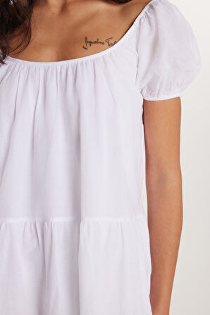 Kadın Relax Fit Rahat Kesim Kısa Kollu Lastikli %100 Pamuk Kare Yaka Beyaz Elbise