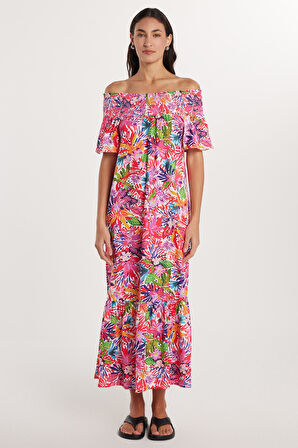 Kadın Slim Fit Dar Kesim Kısa Kollu Gofre Kumaş Straplez Baskılı Elbise