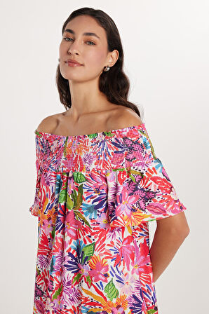 Kadın Slim Fit Dar Kesim Kısa Kollu Gofre Kumaş Straplez Baskılı Elbise