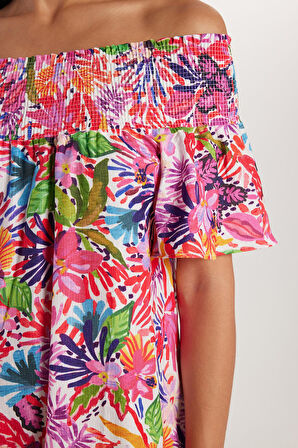 Kadın Slim Fit Dar Kesim Kısa Kollu Gofre Kumaş Straplez Baskılı Elbise