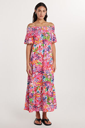 Kadın Slim Fit Dar Kesim Kısa Kollu Gofre Kumaş Straplez Baskılı Elbise